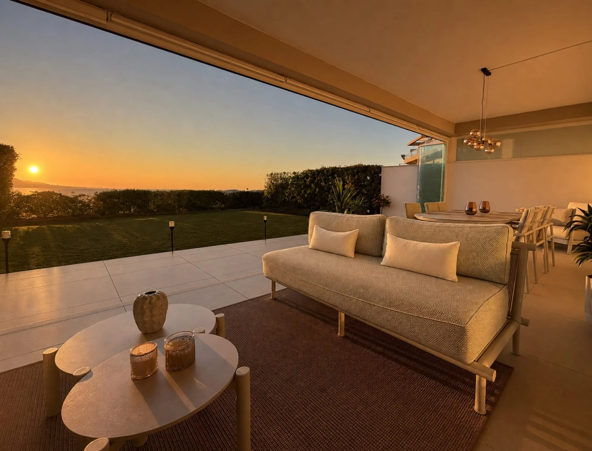 Het overdekte terras bij zonsondergang met loungebank en zicht over de kust